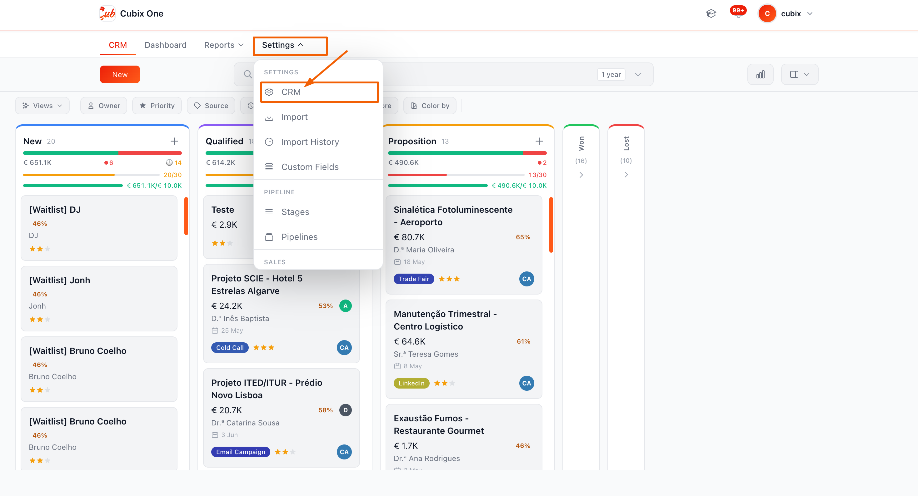 CRM Settings menu — CRM option highlighted